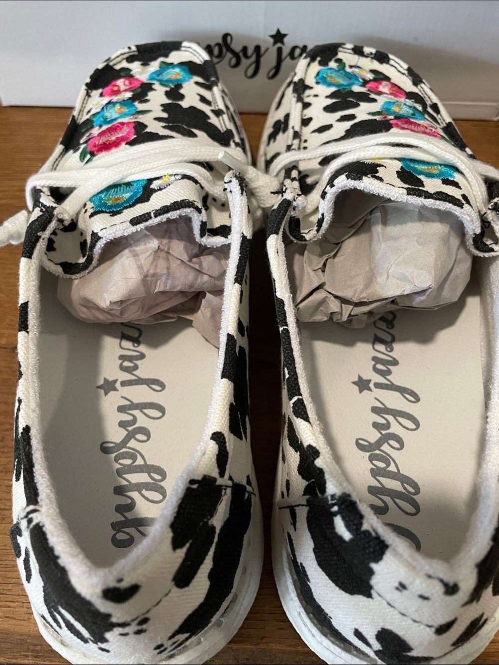 Gypsy Jazz Cow Print Canvas Shoes with Pink & Teal Floral Embroidery - Picture 4 of 6
